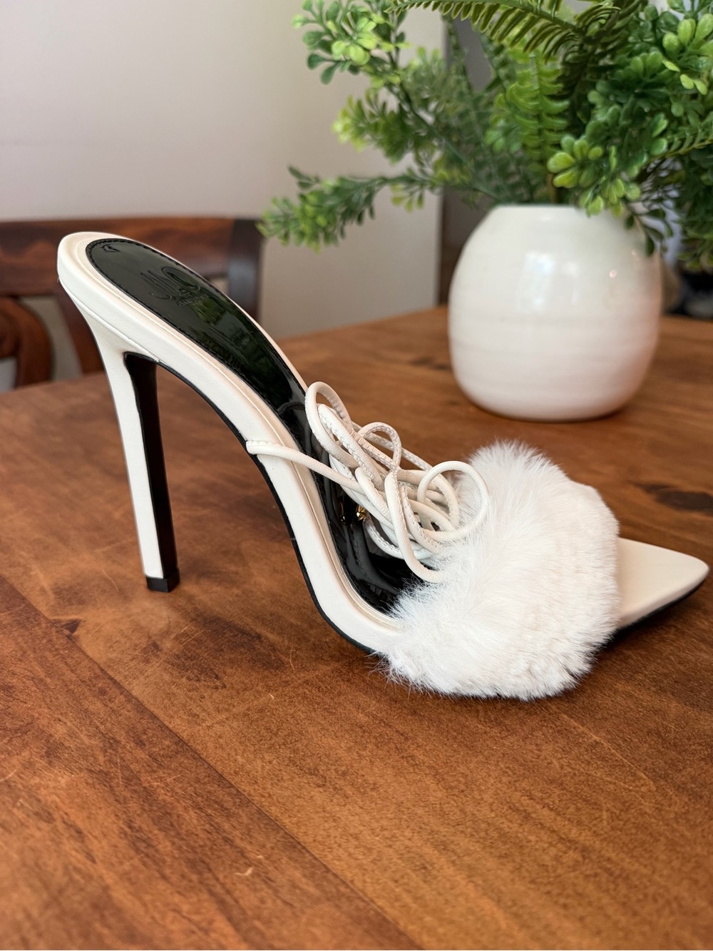 JLO x REVOLVE Gansevoort Faux Mink Lace-Up Heels | Off White | Size 10M - Picture 3 of 8